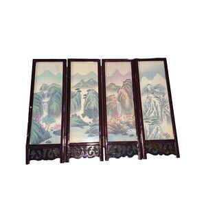 Hand Painted Dual Scene Mini Chinese  Four Panel Silk Screen 12H x 4W” X 4Panels